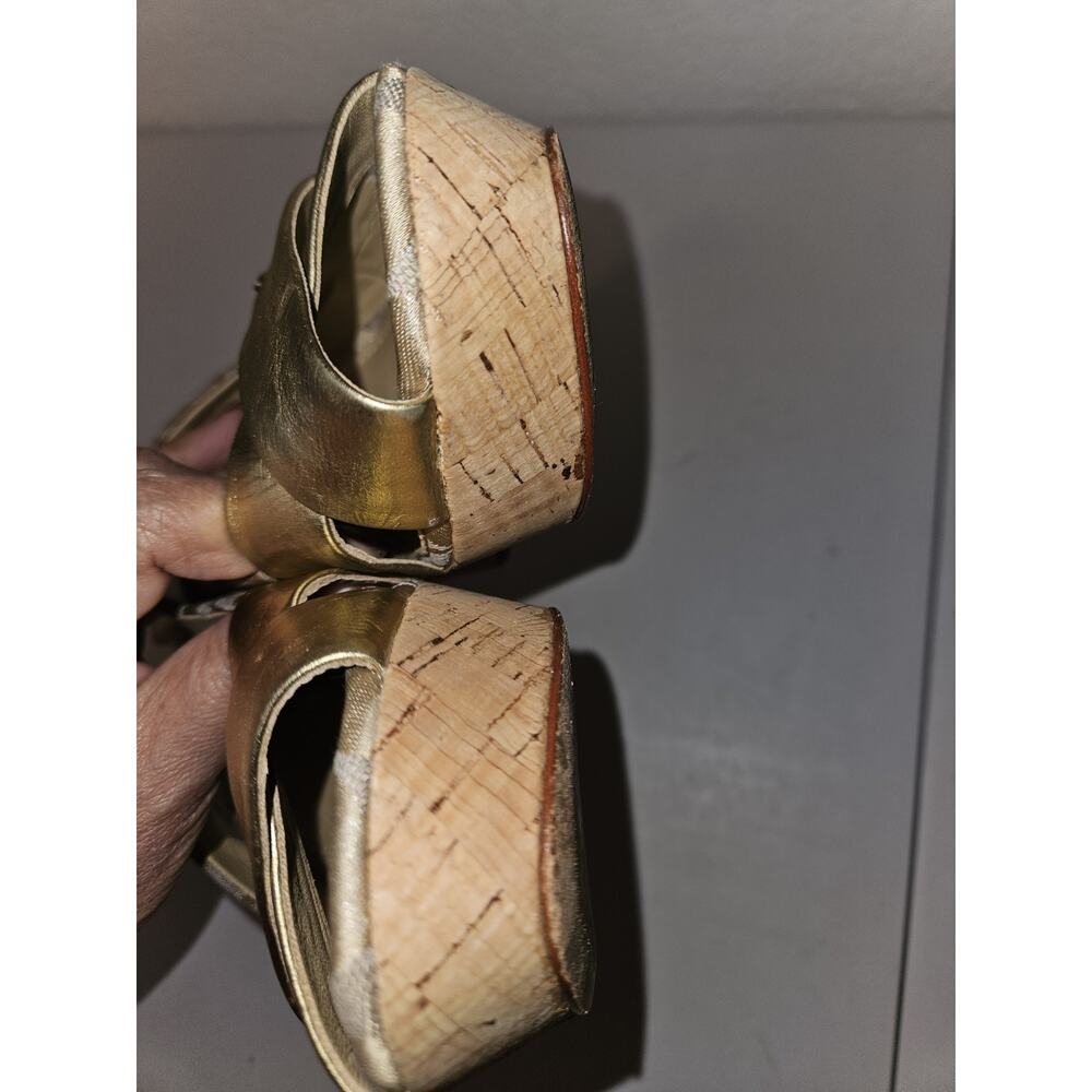 Coach Jessy Size 7.5 Gold Leather Iridescent Canvas Strappy Wedge Sandals - Picture 13 of 15